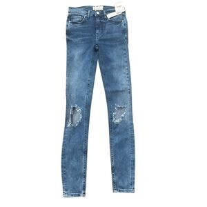 Free People Distressed Skinny Ripped Knee Jeans Blue Denim Women’s 25 Long NWT